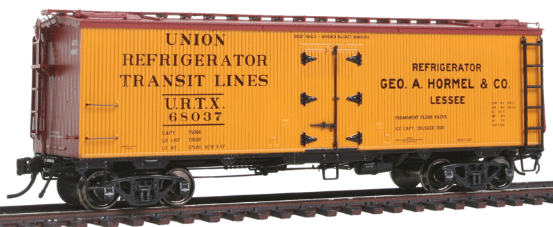 General American 37' Wood Meat Reefer - Ready to Run -- Hormel URTX (1937 Scheme, yellow, Boxcar Red, No Logo)