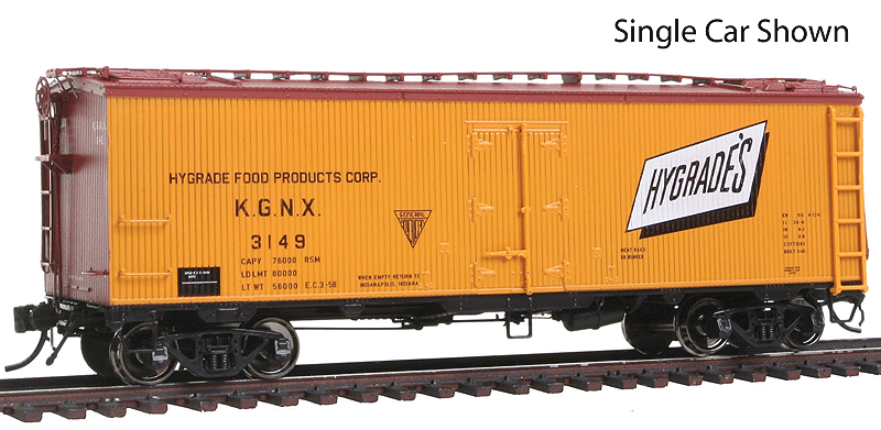 General American 37' Wood Meat Reefer 4-Pack - Ready to Run -- Hygrade's KGNX #3102, 3106, 3115, 3149 (50s Scheme, yellow, Boxcar Red)
