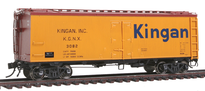 General American 37' Wood Meat Reefer - Ready to Run -- Kingan KGNX (1940 Scheme, yellow, Boxcar Red, Large Logo)