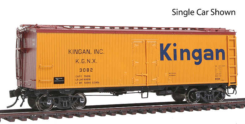 General American 37' Wood Meat Reefer 4-Pack - Ready to Run -- Kingan KGNX #3045, 3082, 3120, 3137 (1940 Scheme, yellow, Large Logo)