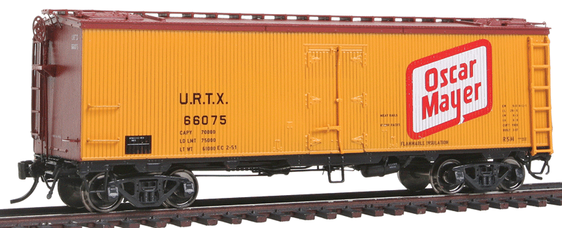 General American 37' Wood Meat Reefer - Ready to Run -- Oscar Mayer URTX (Late 40s Scheme, yellow, Boxcar Red, Large Logo)