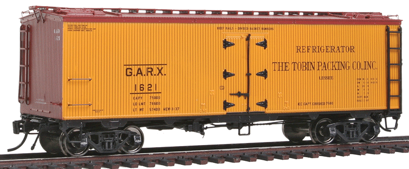 General American 37' Wood Meat Reefer - Ready to Run -- Tobin Packing GARX (1937 Scheme, yellow, Boxcar Red, No Logo)