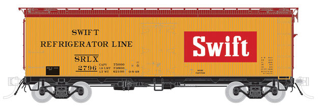General American 37' Wood Meat Reefer 4-Pack - Ready to Run -- Swift SRLX #2532, 2638, 2783, 2796 (Late 1940s, yellow, Boxcar Red, red)