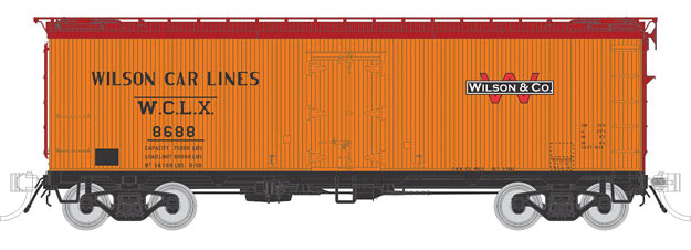 General American 37' Wood Meat Reefer - Ready to Run -- Wilson WCLX (Early 1950s, orange, Boxcar Red, red W)