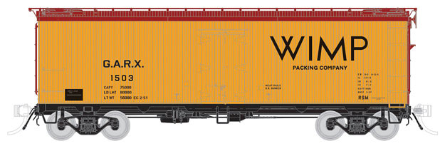 General American 37' Wood Meat Reefer - Ready to Run -- Wimp Packing GARX (Early 1950s, yellow, Boxcar Red)