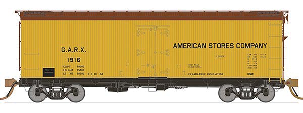 General American 37' Wood Meat Reefer 4-Pack - Ready to Run -- American Stores Co. GARX 1913, 1915, 1919, 1934 (yellow, Boxcar Red)