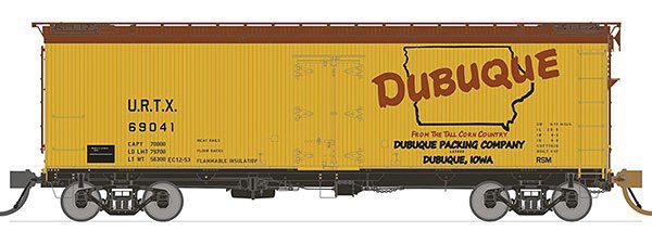 General American 37' Wood Meat Reefer 4-Pack - Ready to Run -- Dubuque 63019, 63023, 63027, 69038 (1950s, yellow, Boxcar Red, Large Logo)