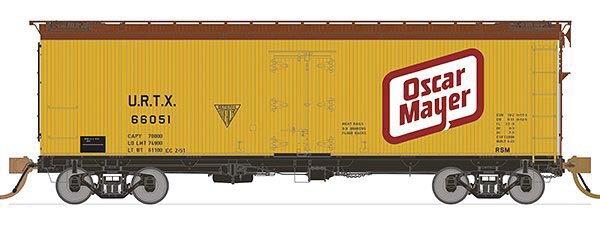 General American 37' Wood Meat Reefer 4-Pack - Ready to Run -- Oscar Mayer #66052, 66055, 66058, 66072 (Late 1940s; yellow, Boxcar Red, whi