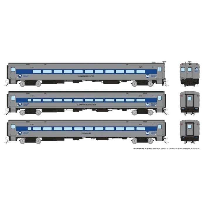 P-S Comet Commuter 2 Coach and Cab Car Set - Ready to Run -- Metro-North Set #1 (Cab #6113, Coaches #6150, 6162, As-Delivered, silver, bl