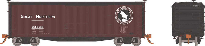USRA 40' Double-Sheathed Wood Boxcar 6-Pack - Ready to Run -- Great Northern Set #2 (Boxcar Red, black, white, See America First)