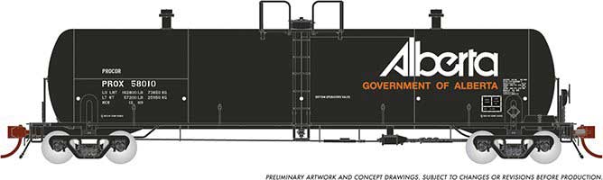 Procor GP20 20,000-Gallon Tank Car 6-Pack - Ready to Run -- Government of Alberta PROX Set 2 (Later, black, white, yellow)