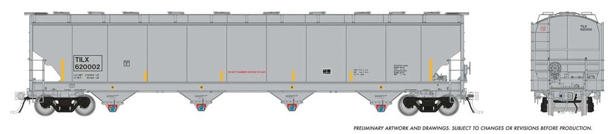 Trinity 6221 Cubic Foot Covered Hopper 6-Pack - Ready to Run -- Trinity Industries Leasing TILX (gray, yellow conspicuity marks)