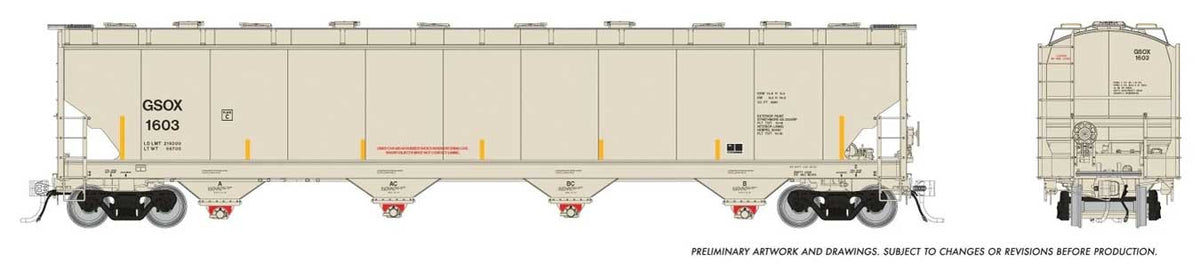 Trinity 6241 Cubic Foot Covered Hopper - Ready to Run -- Sasol Chemicals GSOX (beige, yellow conspicuity marks)