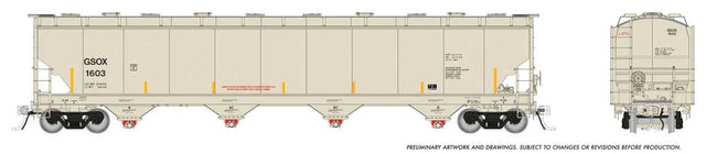 Trinity 6241 Cubic Foot Covered Hopper 6-Pack - Ready to Run -- Sasol Chemicals GSOX (beige, yellow conspicuity marks)