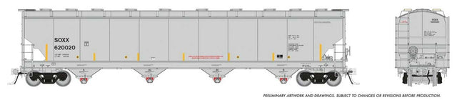 Trinity 6241 Cubic Foot Covered Hopper 6-Pack - Ready to Run -- SMBC Rail Services SOXX (gray, yellow conspicuity marks)