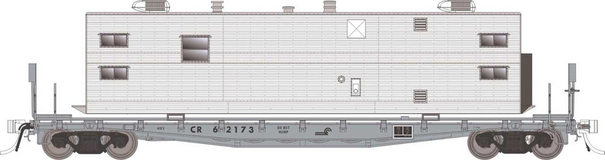 Class F30A 50' Flatcar w/Camp Trailer - Ready to Run -- Conrail #2 (MOW Gray)