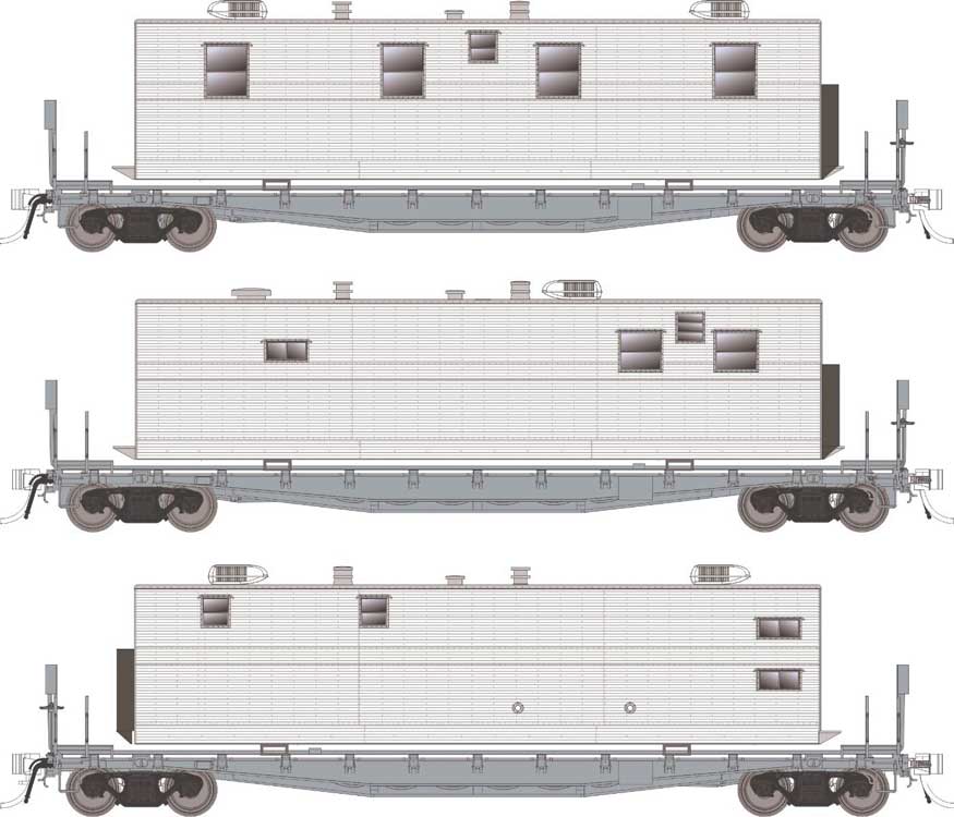 Class F30A 50' Flatcar w/Office, Kitchen, Diner Trailer 3-Pack Ready to Run -- Painted, Unlettered (gray)