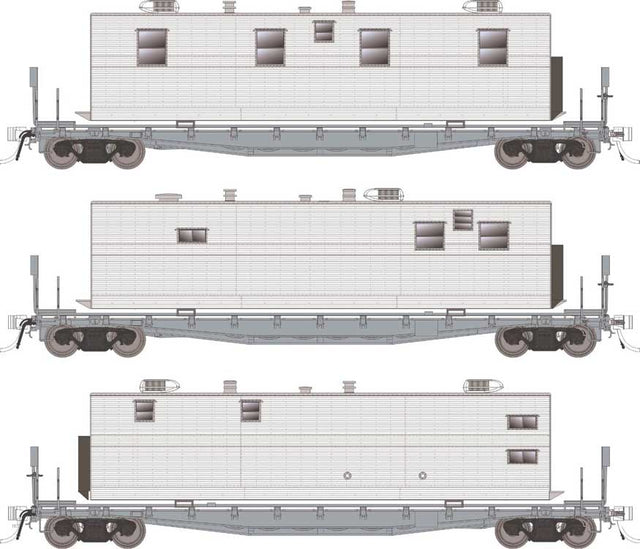 Class F30A 50' Flatcar w/Office, Kitchen, Diner Trailer 3-Pack Ready to Run -- Painted, Unlettered (gray)