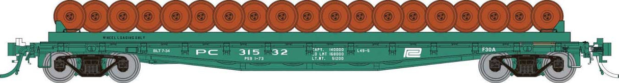 Class F30D 50' Wheel Flatcar - Ready to Run -- Penn Central #1 (Jade Green, white)