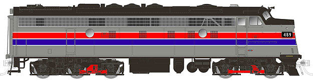 EMD FL9 - Standard DC -- Amtrak #489 (Phase II, silver, Wide red, blue & Narrow white Stripes)