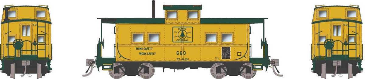 Northeastern-Style Steel Caboose - Duryea Underframe - Ready to Run -- Maine Central #660 (Harvest Gold, green, Pine Tree Logo)