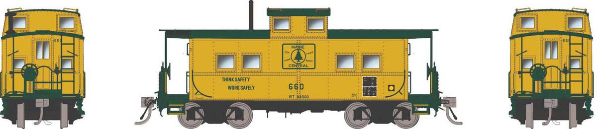 Northeastern-Style Steel Caboose - Duryea Underframe - Ready to Run -- Maine Central #662 (Harvest Gold, green, Pine Tree Logo)