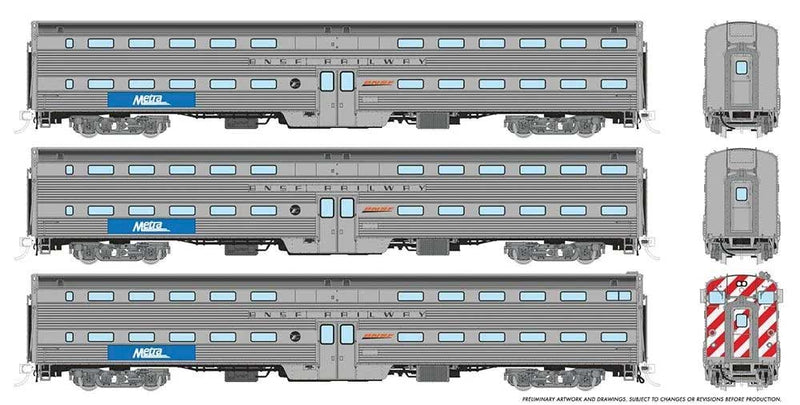 Budd Gallery Bi-Level Commuter Cab Coach & 2 Coach Set - Ready to Run -- Metra - BNSF Set #1 (Cab #811 Coaches #748, 765, BNSF Railway Lettering)