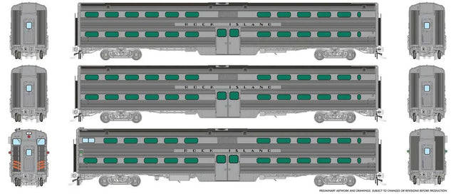 MILW-RI Style Budd Gallery Commuter Cab Coach & 2-Coach Set - Ready to Run -- Rock Island Set #2 Cab #114 Coaches 148, 153 (stainless, black)