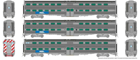MILW-RI Style Budd Gallery Commuter Cab Coach & 2-Coach Set - Ready to Run -- Metra Set #1 Cab #8239 Coaches 7306, 7366 (Modern Logo, stainless, blue, whi