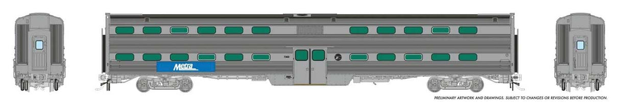 MILW-RI Style Budd Gallery Commuter Coach - Ready to Run -- Metra #7300 (Modern Logo, stainless, blue, white)