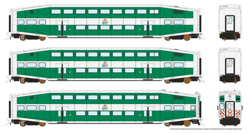 Bi-Level Commuter 2 Coach and Cab Car Set - Ready to Run -- TriRail Set No.1 (Cab 501, Coach 1003, 1012, white, green)