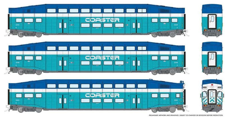 Bi-Level Commuter 2 Coach and Cab Car Set - Ready to Run -- Coaster San Diego Set #2 #2308, 2205, 2207 (teal, blue, white)