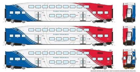 Bi-Level Commuter 2 Coach and Cab Car Set - Ready to Run -- FrontRunner UTA Set #1 #102, 204, 207 (white, red, blue)