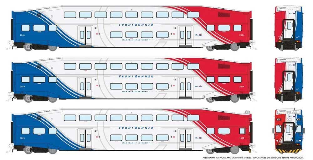 Bi-Level Commuter 2 Coach and Cab Car Set - Ready to Run -- FrontRunner UTA Set #2 #109, 201, 208 (white, red, blue)