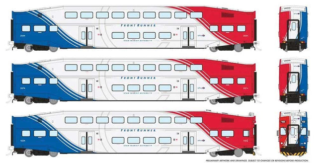 Bi-Level Commuter 2 Coach and Cab Car Set - Ready to Run -- FrontRunner UTA Set #2 #109, 201, 208 (white, red, blue)