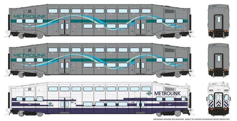 Bi-Level Commuter 2 Coach and Cab Car Set - Ready to Run -- Metrolink Set #1 #635, 107, 111 (Coaches, gray, teal, Ribbon Scheme, white C