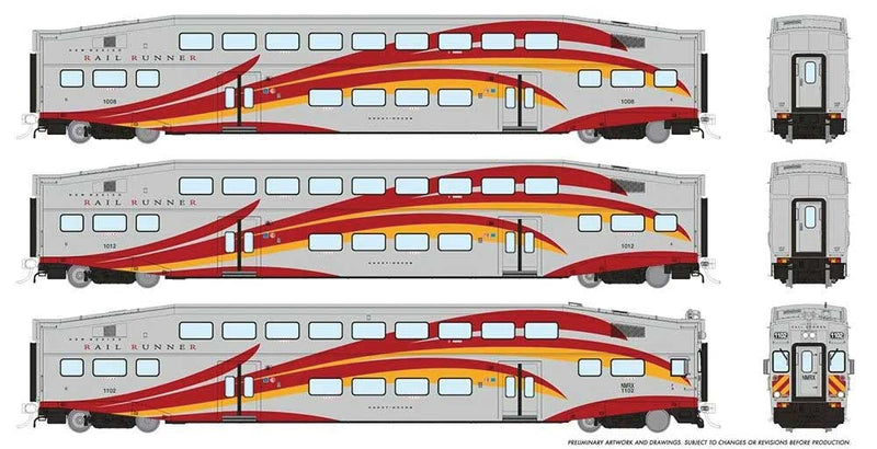 Bi-Level Commuter 2 Coach and Cab Car Set - Ready to Run -- New Mexico Rail Runner Set #1 #1102, 1008, 1012 (white, red, yellow)