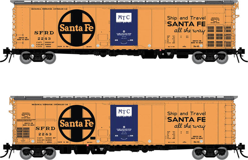 Santa Fe Class RR-61 Mechanical Reefer 4-Pack - Ready to Run -- Santa Fe 2243, 2247, 2250, 2256 (orange, black, blue, All the Way Slogan)