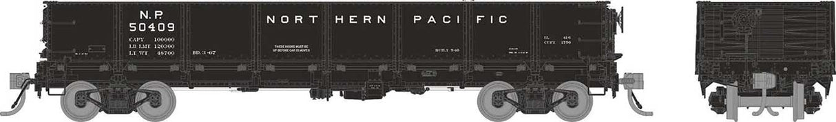 NP 40' Drop-Bottom Gondola - Ready to Run -- Northern Pacific (1966 Scheme, black, white)