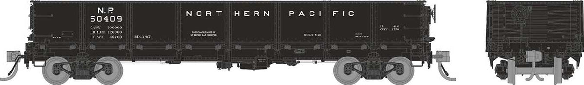 NP 40' Drop-Bottom Gondola - Ready to Run -- Northern Pacific (1966 Scheme, black, white)