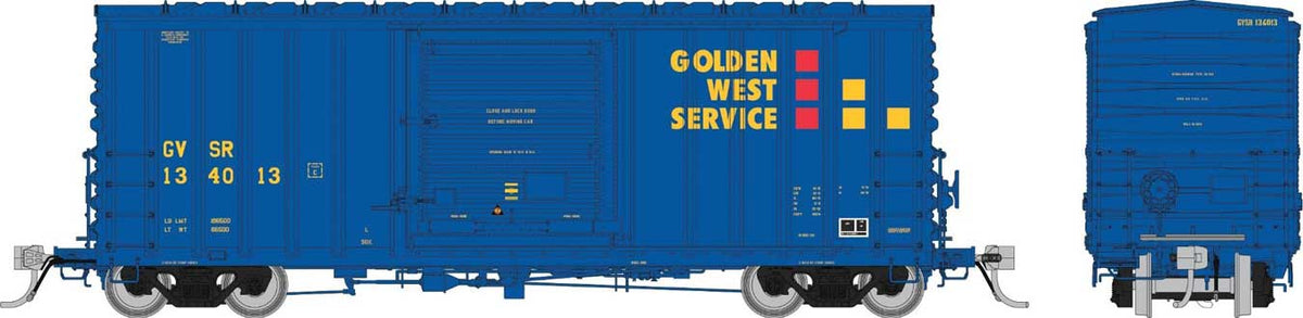 PC&F B-100-34 Boxcar 3-Pack - Ready to Run -- Golden West Service GVSR (blue, yellow, red)