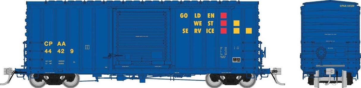 PC&F B-100-32 Boxcar - Ready to Run -- Golden West Service CPAA (blue, yellow, red)