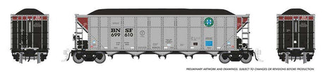 AutoFlood III Rapid Discharge Coal Hopper w/Load 6-Pack - Ready to Run -- BNSF Railway #699610 (silver, Boxcar Red Double End, Circle/Cross Logo)