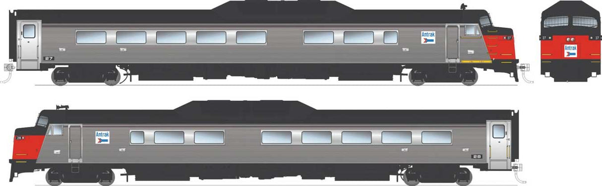 Budd Roger Williams 2-Car Set - Sound and DCC -- Amtrak (Phase 1, stainless, black, red, white)