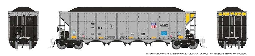 AutoFlood III Rapid Discharge Coal Hopper w/Load 6-Pack - Ready to Run -- Union Pacific Set #1 (silver, yellow, black, Building America Logo)