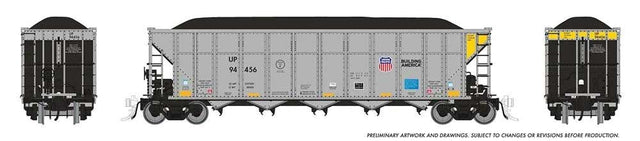 AutoFlood III Rapid Discharge Coal Hopper w/Load 6-Pack - Ready to Run -- Union Pacific Set #1 (silver, yellow, black, Building America Logo)