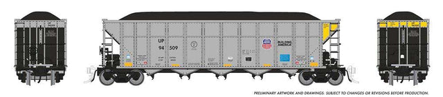 AutoFlood III Rapid Discharge Coal Hopper w/Load - Ready to Run -- Union Pacific (silver, yellow, black, Building America Logo)
