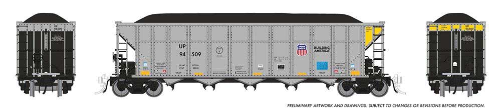 AutoFlood III Rapid Discharge Coal Hopper w/Load 6-Pack - Ready to Run -- Union Pacific Set #2 (silver, yellow, black, Building America Logo)