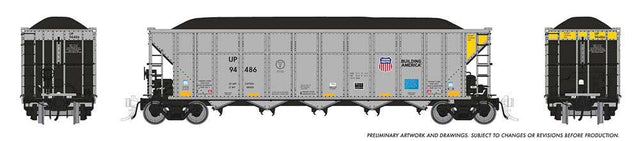 AutoFlood III Rapid Discharge Coal Hopper w/Load 6-Pack - Ready to Run -- Union Pacific Set #3 (silver, yellow, black, Building America Logo)