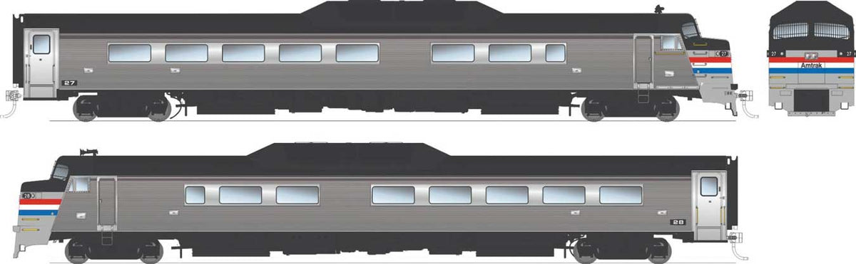 Budd Roger Williams 2-Car Set - Sound and DCC -- Amtrak (Phase 3, stainless, black, red, white, blue)